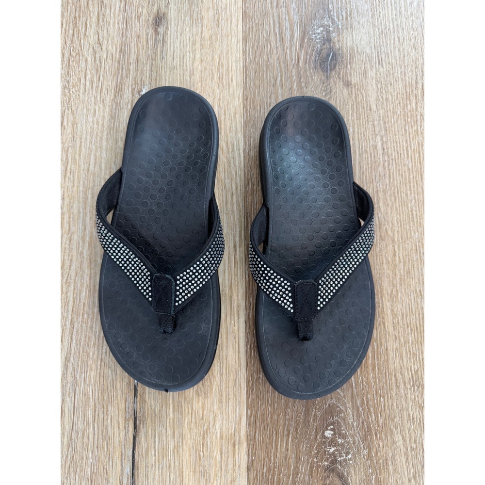Rhinestone Orthotic Flip Flops Women 7.5 Black Comfort Arch Support Sandals